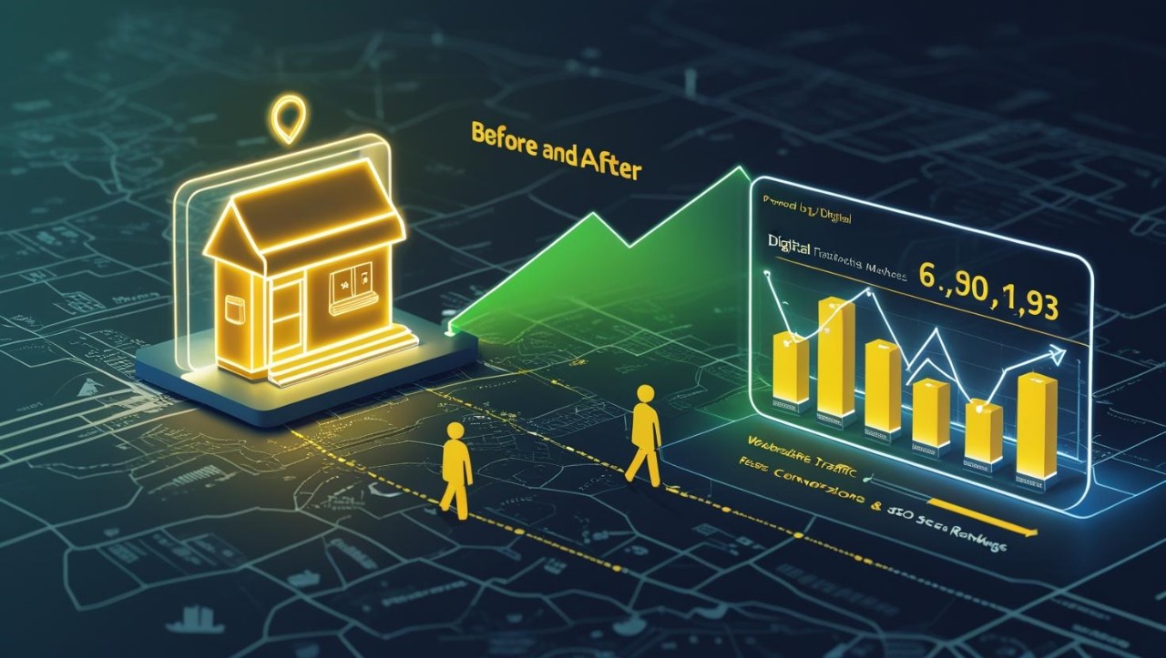 .”Before-and-after illustration of a small business website transformed by Tenz Digital—from slow and outdated to fast, modern, and high-converting.”