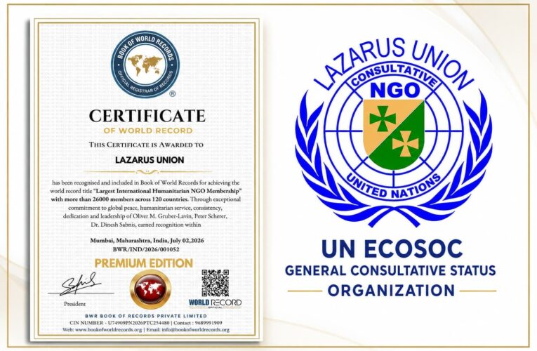 Book of World Records honors Lazarus Union as leading humanitarian NGO in the World